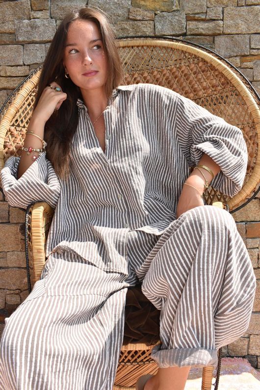 Sundaze Cheesecloth Chalk Stripe Boyfriend Shirt Mocha & White